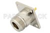 75 Ohm N Female Connector Solder Attachment 4 Hole Flange Mount Solder Cup Terminal, .718 inch Hole Spacing