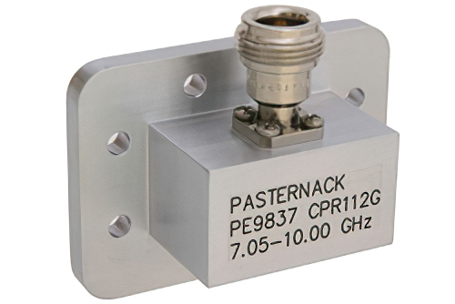 WR-112波导转同轴转接头，CPR-112G槽面法兰转N型母头，工作频率为7.05 GHz至10 GHz，X频段