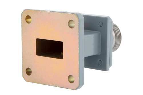 WR-62 波导同轴转接头，UG-1665/U方盖法兰转端发射N型母头，12.4 GHz~18 GHz，Ku频段，铝，涂层