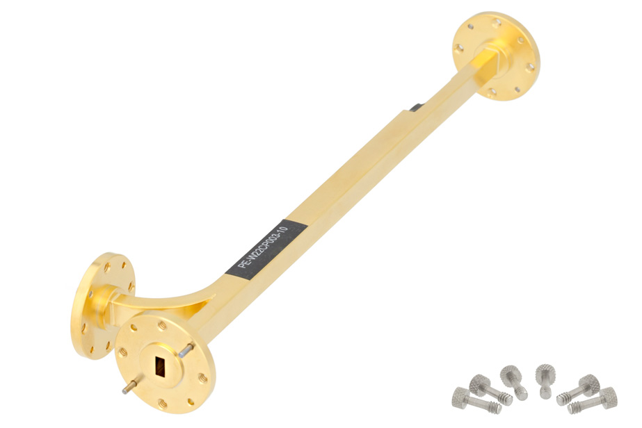 WR-22 Waveguide 10 dB Broadwall Coupler, UG-383/U Round Cover Flange, E-Plane Coupled Port, 33 GHz to 50 GHz, Brass Copper