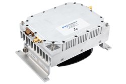 45 Watt GaN Power Amplifier with Integrated Heatsink and Cooling fan, 800 MHz to 2000 MHz, Class AB, L-Band, 45% Efficiency, 28V, SMA