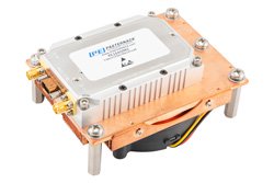 18 Watt GaN Power Amplifier with Integrated Heatsink and Cooling fan, 1000 MHz to 2500 MHz, Class AB, L & S Bands, 50% Efficiency, 28V, SMA