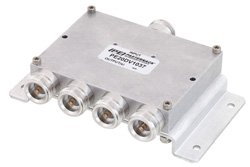 Low PIM 4 Way 4.1/9.5 Mini DIN Power Divider From 698 MHz to 2.7 GHz Rated at 30 Watts