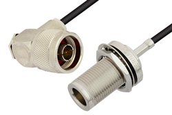 N Male Right Angle to N Female Bulkhead Cable 36 Inch Length Using RG174 Coax, RoHS