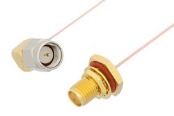 SMA Male Right Angle to SMA Female Bulkhead Cable 6 Inch Length Using PE-020SR Coax, RoHS