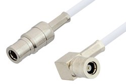 75 Ohm Mini SMB Plug to 75 Ohm Mini SMB Plug Right Angle Cable 48 Inch Length Using 75 Ohm RG187 Coax, RoHS