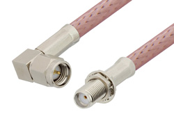 SMA Male Right Angle to SMA Female Bulkhead Cable 6 Inch Length Using RG142 Coax, RoHS