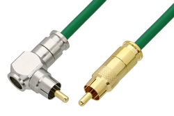 75 Ohm RCA Male to 75 Ohm RCA Male Right Angle Cable 12 Inch Length Using 75 Ohm PE-B159-GR Green Coax