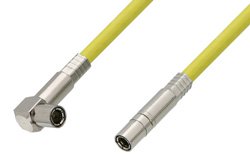 75 Ohm Mini SMB Plug to 75 Ohm Mini SMB Plug Right Angle Cable Using 75 Ohm PE-B159-YW Yellow Coax