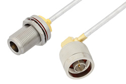 N Male Right Angle to N Female Bulkhead Cable 48 Inch Length Using PE-SR402FL Coax