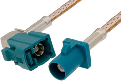 Water Blue FAKRA Plug to FAKRA Jack Right Angle Cable 12 Inch Length Using RG316 Coax