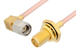 SMA Male Right Angle to SMA Female Bulkhead Cable 12 Inch Length Using RG405 Coax, RoHS