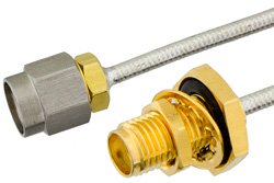 SMA公头转SMA穿墙式母头精密电缆组件，采用PE-SR405FL同轴电缆，RoHS