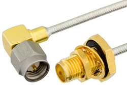 SMA Male Right Angle to SMA Female Bulkhead Semi-Flexible Precision Cable 12 Inch Length Using PE-SR405FL Coax, RoHS