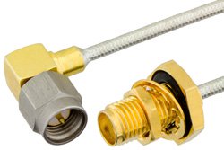 SMA Male Right Angle to SMA Female Bulkhead Semi-Flexible Precision Cable 9 Inch Length Using PE-SR405FL Coax, RoHS