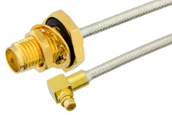 SMA Female Bulkhead to MMCX Plug Right Angle Semi-Flexible Precision Cable 12 Inch Length Using PE-SR405FL Coax, RoHS