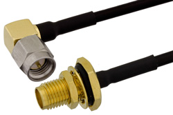 SMA Male Right Angle to SMA Female Bulkhead Semi-Flexible Precision Cable 6 Inch Length Using PE-SR405FLJ Coax, LF Solder, RoHS
