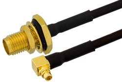 SMA Female Bulkhead to MMCX Plug Right Angle Semi-Flexible Cable 24 Inch Length Using PE-SR405FLJ Coax with HeatShrink, LF Solder, RoHS