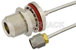 SMA Male to N Female Bulkhead Semi-Flexible Precision Cable 6 Inch Length Using PE-SR405FL Coax, LF Solder, RoHS