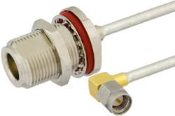 SMA Male Right Angle to N Female Bulkhead Semi-Flexible Precision Cable 12 Inch Length Using PE-SR402FL Coax, LF Solder, RoHS