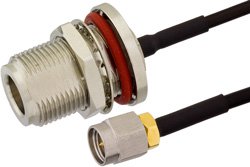 SMA Male to N Female Bulkhead Semi-Flexible Precision Cable 9 Inch Length Using PE-SR405FLJ Coax, RoHS