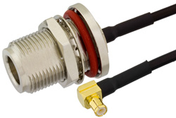 N Female Bulkhead to MCX Plug Right Angle Semi-Flexible Precision Cable 6 Inch Length Using PE-SR405FLJ Coax, RoHS