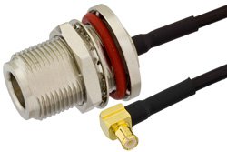 N Female Bulkhead to MCX Plug Right Angle Semi-Flexible Precision Cable 9 Inch Length Using PE-SR405FLJ Coax, RoHS