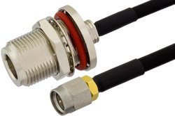 SMA Male to N Female Bulkhead Semi-Flexible Precision Cable 18 Inch Length Using PE-SR402FLJ Coax, LF Solder, RoHS