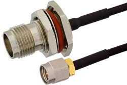 SMA Male to TNC Female Bulkhead Semi-Flexible Precision Cable 9 Inch Length Using PE-SR405FLJ Coax, LF Solder, RoHS