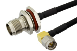 SMA Male Right Angle to TNC Female Bulkhead Semi-Flexible Precision Cable 9 Inch Length Using PE-SR402FLJ Coax, LF Solder, RoHS