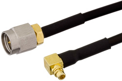 SMA Male to MMCX Plug Right Angle Semi-Flexible Cable 9 Inch Length Using PE-SR405FLJ Coax with HeatShrink, RoHS