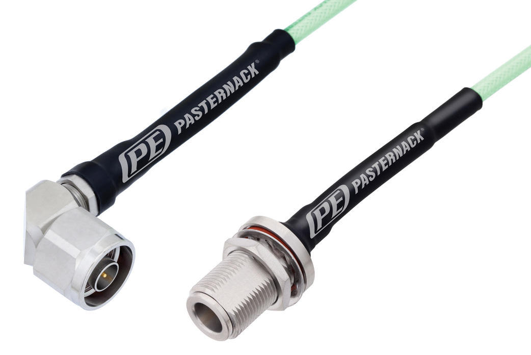 N Male Right Angle to N Female Bulkhead Low Loss Cable 60 Inch Length Using PE-P142LL Coax, RoHS