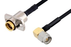 Slide-On BMA Jack 2 Hole Flange to SMA Male Right Angle Cable 12 Inch Length Using PE-SR405FLJ Coax