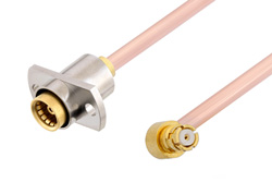 Slide-On BMA Jack 2 Hole Flange to SMP Female Right Angle Cable 6 Inch Length Using RG405 Coax