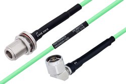 Temperature Conditioned N Female Bulkhead to N Male Right Angle Low Loss Cable 72 Inch Length Using PE-P142LL Coax