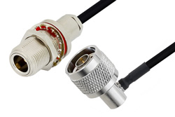 N Female Bulkhead to N Male Right Angle Cable 24 Inch Length Using PE-SR402FLJ Coax