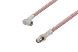 SMA Male Right Angle to Reverse Polarity SMA Female Cable 24 Inch Length Using RG142 Coax
