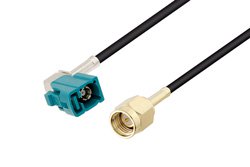 Water Blue FAKRA Jack Right Angle to SMA Male Cable 12 Inch Length Using LMR-100 Coax , LF Solder