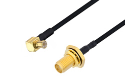 MCX Plug Right Angle to SMA Female Bulkhead Cable 48 Inch Length Using PE-SR405FLJ Coax , LF Solder
