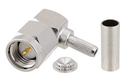 SMA Male Right Angle Connector Crimp/Solder Attachment for RG174, RG316, RG188, LMR-100, PE-B100, PE-C100, .100 inch