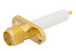 SMA Female Connector Solder Attachment 2 Hole Flange Mount Stub Terminal, .481 inch Hole Spacing, .050 inch Diameter, Gold Plated