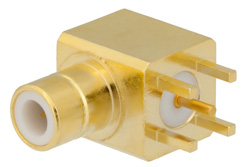 75 Ohm SMB Jack Right Angle Connector Solder Attachment Thru Hole PCB, .200 inch x .067 inch Hole Spacing