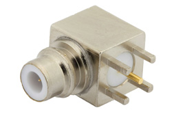 75 Ohm SMC Jack Right Angle Connector Solder Attachment Thru Hole PCB, .200 inch x .067 inch Hole Spacing