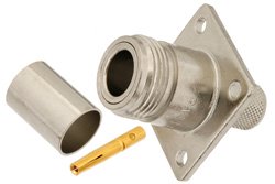 N Female Connector Crimp/Solder Attachment 4 Hole Flange Mount for RG213, RG8, .718 inch Hole Spacing