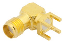 RT SMA Female Right Angle Connector Solder Attachment Thru Hole PCB, .200 inch x .067 inch Hole Spacing