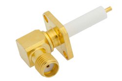 SMA Female Right Angle Connector Solder Attachment 4 Hole Flange Mount Pin Terminal, .340 inch Hole Spacing