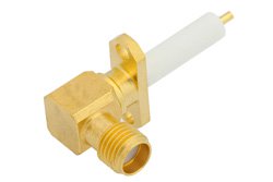 SMA Female Right Angle Connector Solder Attachment 2 Hole Flange Mount Pin Terminal, .481 inch Hole Spacing, 90 Degree Flange Direction