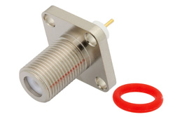 75 Ohm F Female Connector Solder Attachment 4 Hole Flange Mount Pin Terminal, .500 inch Hole Spacing