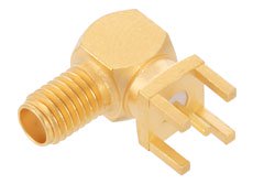 SSMA Female Right Angle Connector Solder Attachment Thru Hole PCB, .200 inch x .067 inch Hole Spacing
