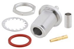 N Female Bulkhead Mount Connector Crimp/Solder Attachment for PE-C195, PE-P195, RG58, RG141, RG303, LMR-195, 0.195 inch, .640 inch DD Hole